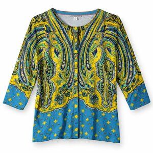 Isaac Mizrahi Paisley Sweater Cardigan Blue Yellow 3/4 Sleeve XL